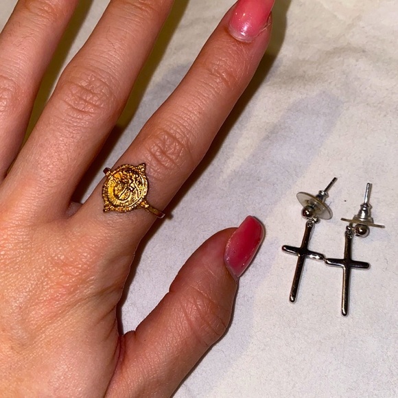 Gold and Silver Cross Earrings and Ring - Picture 1 of 5